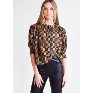 Never A Wallflower Cynthia Puff Sleeve Top XS Blue Geometric Boho Romantic NEW